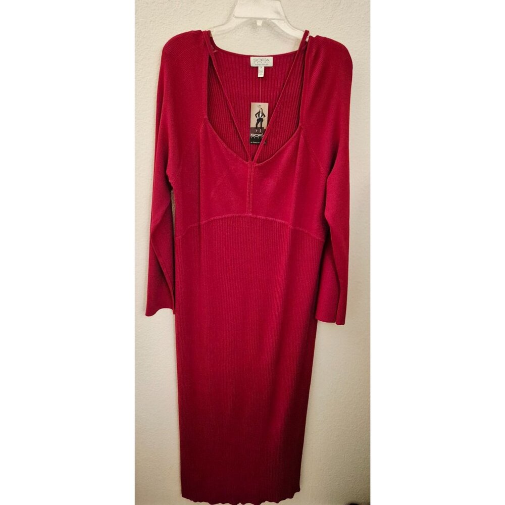 Sofia  Jeans Red Knit Long Sleeve Stretchy Maxi Dress Halter Ties 2X NWT